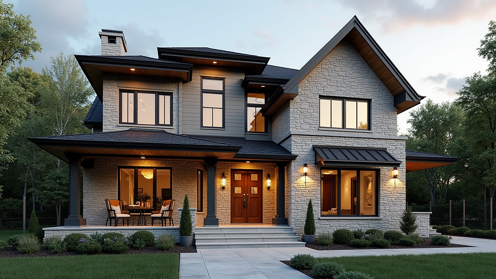 Eye-level view of a modern luxury home exterior with large windows and stone facade