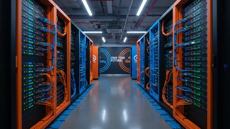 Eye-level view of a server room with blinking network equipment