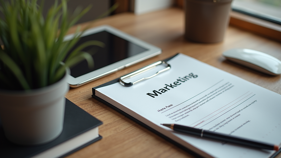 High angle view of a desk with marketing books and a tablet