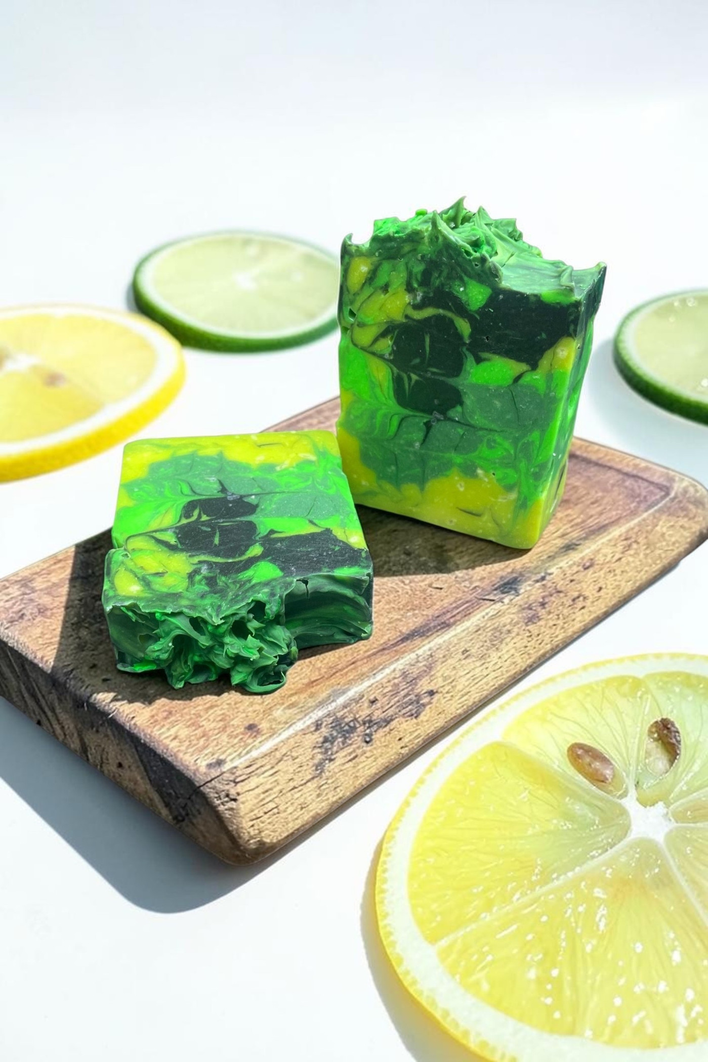 A vibrant Jungle Boogie soap bar featuring citrus and botanical elements.