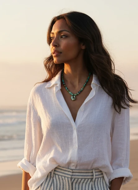 שרשרת אבני חן טורקיז טבעיות שונות ומיוחדות בגוונים נדירים  בשילוב הפרדות כסף 925,המטייט ואבן דונטס טורקיז עיצוב פז בק