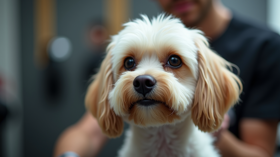 Eye-level view of a dog getting a professional grooming haircut