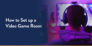 Person wearing headphones faces a screen in a purple-lit room. Text on blue background reads "How to Set up a Video Game Room."
