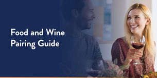 A blonde woman holding a glass of red wine and smiling at a man with text that says, "Food and Wine Pairing Guide."