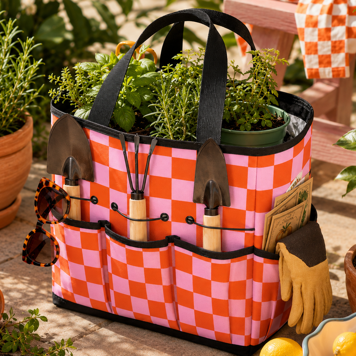 Garden Utility Tote - Pink Citrus Check