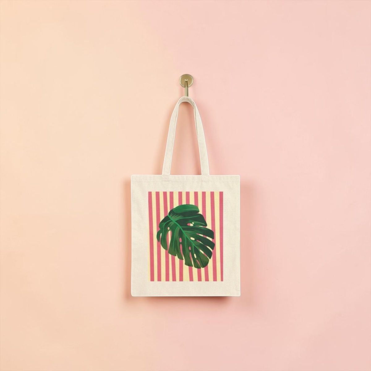Plant Leaf and Pink Stripe Canvas Tote Bag