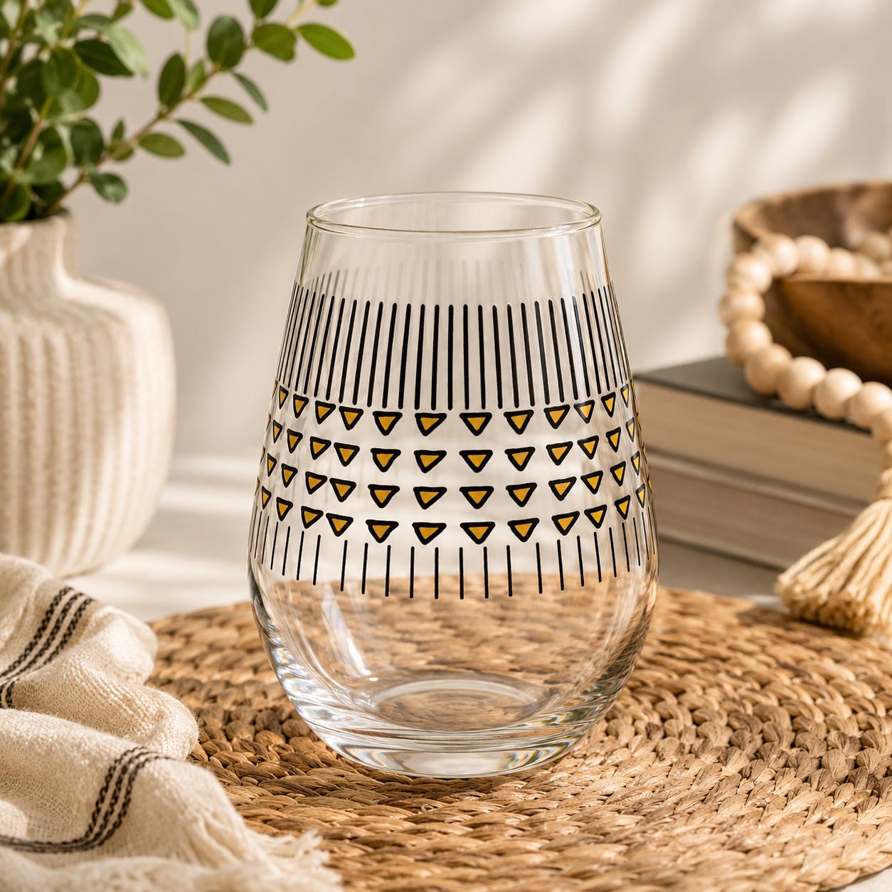 Modern Tribal Print Stemless Wine Glass, 11.75oz