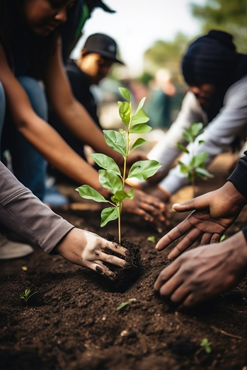 community gardening planting trees with diverse hands