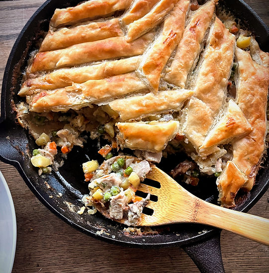 Turkey pot pie with golden biscuit crust and creamy filling.