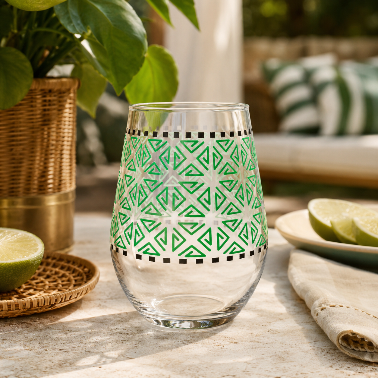 Geometric Print Stemless Wine Glass - Green 11.75oz