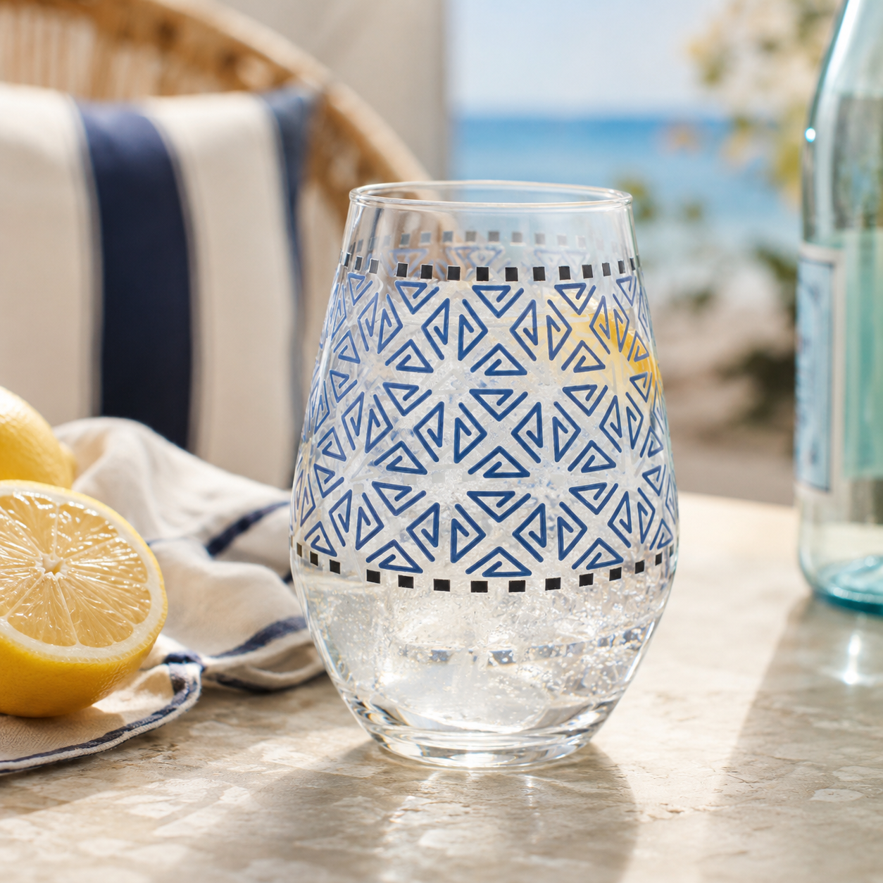 Geometric Print Stemless Wine Glass — Blue 11.75 oz 