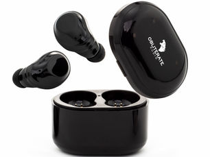 Black wireless earbuds with case, product photo on white background