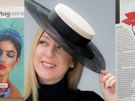 Collage featuring the cover of The Hat Magazine Issue 82, a professional editorial portrait of Bec Bayss wearing a wide-brimmed black hat, and a product photo of her featured millinery design published in the article.