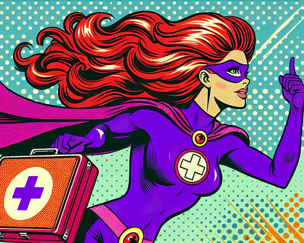Pop art of a woman who is a superhero carrying a first aid kit