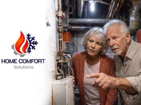 Homeowners reviewing a residential heating system during winter HVAC service in Quincy Massachusetts