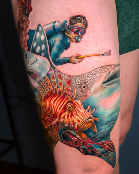 Custom tattoos by Amy Zager, a Denver-based, LGBTQ+ friendly female tattoo artist known for vibrant watercolor tattoos, galaxy designs, detailed portrait tattoos, and expressive animal tattoos. Amy specializes in large-scale illustrative realism and glitter-style tattoos, with a focus on storytelling through art. Her work blends fine art techniques with bold color and emotional depth. Available for bookings in Denver and frequent guest spots in Chicago, Oakland, Seattle, San Diego, and beyond.