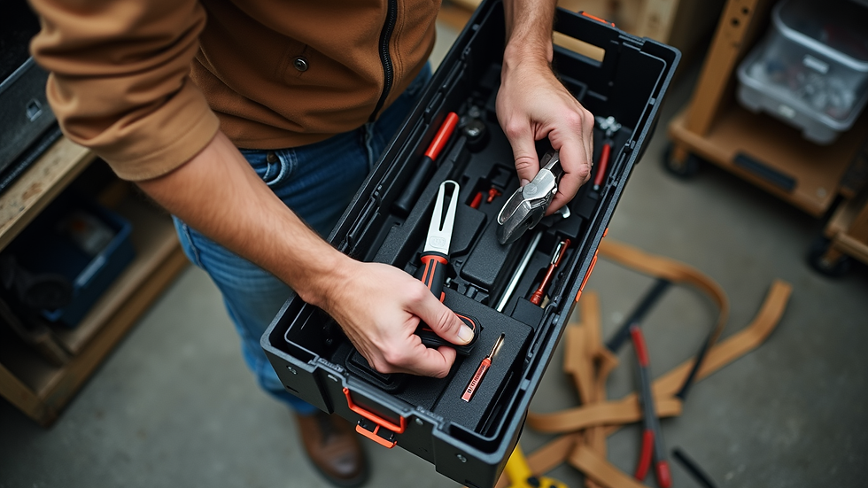 High angle view of a handyman organizing tools in a toolbox