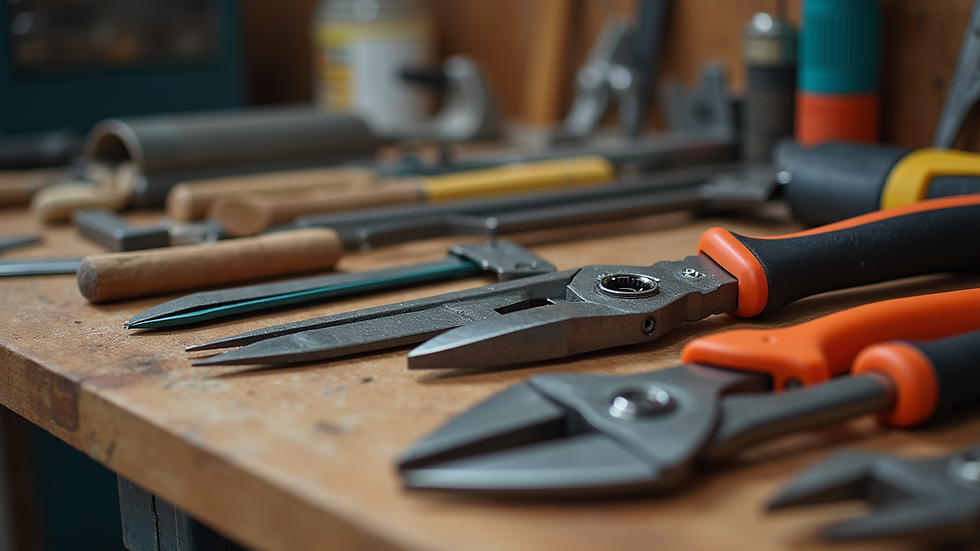 Close-up view of tools laid out on a workbench ready for handyman tasks