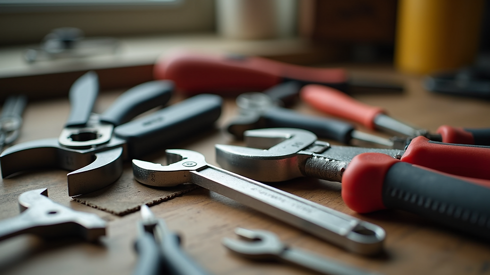 Close-up view of tools laid out for home repair