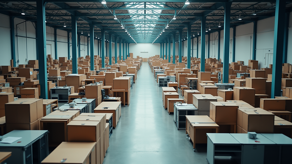 High angle view of a warehouse filled with office furniture