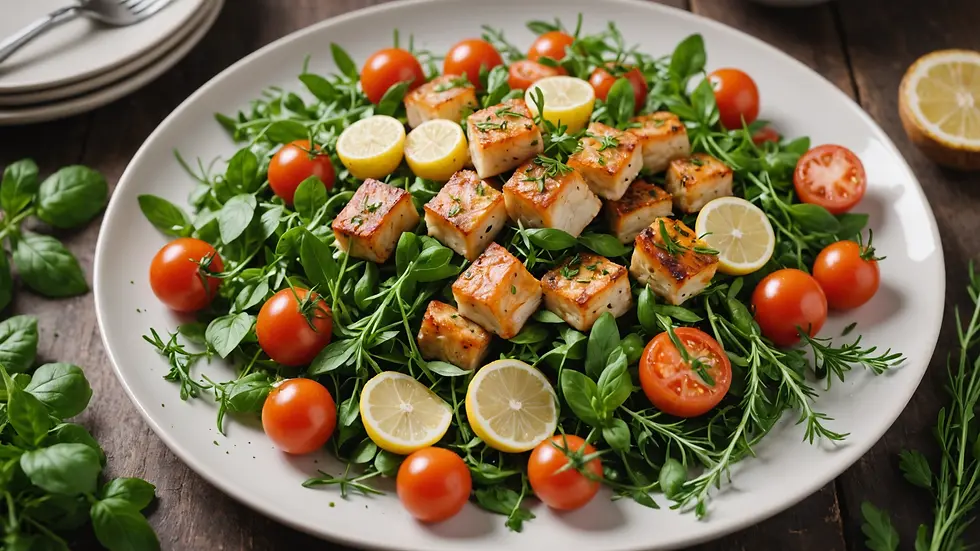 High angle view of a beautifully styled dish with fresh herbs
