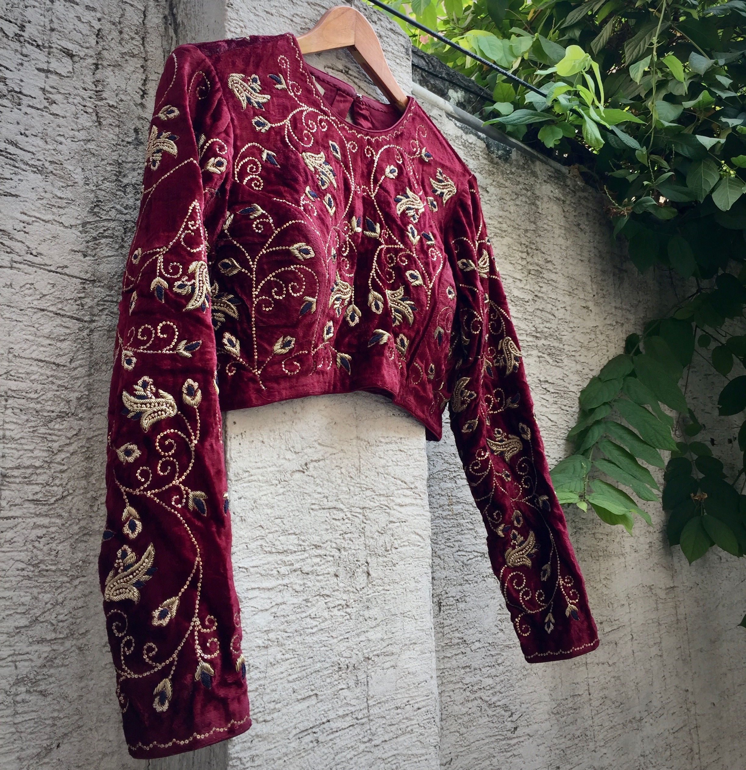 Maroon Hand Embroidered Velvet Blouse/Crop Top | Shaneel