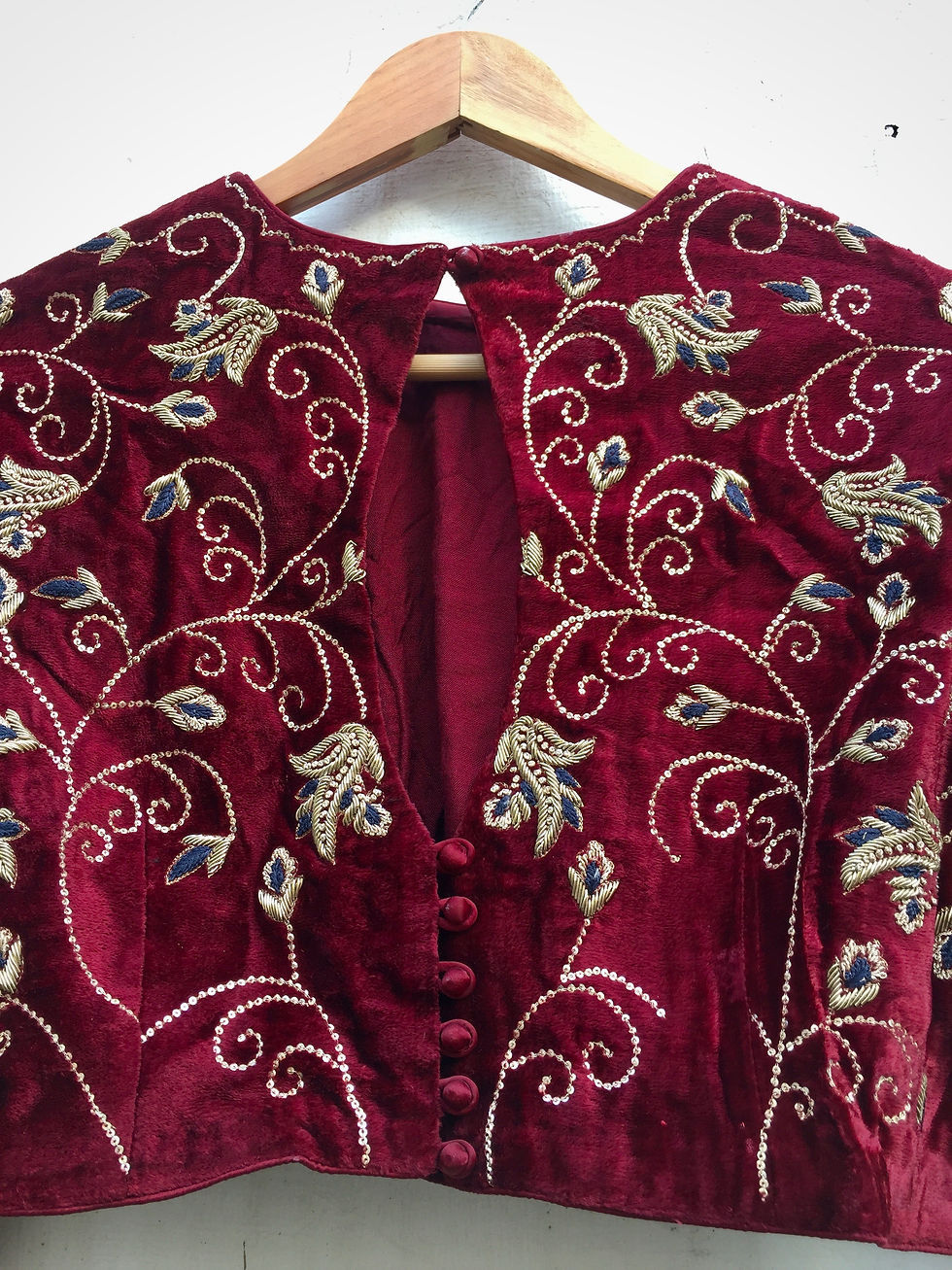 Thumbnail: Maroon Hand Embroidered Velvet Blouse/Crop Top | Shaneel