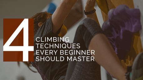 Here is alt text for the attached image: A person climbs an indoor rock wall, gripping colorful holds with their hands and feet. Overlaid on the left side is a large white number "4" on a brown background, with the text "Climbing Techniques Every Beginner Should Master" in bold white letters.