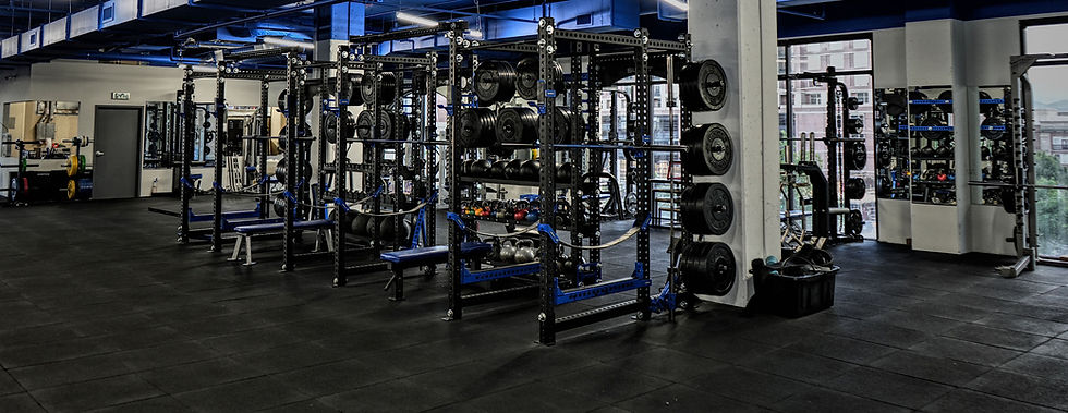 Eye-level view of a modern gym with weightlifting equipment