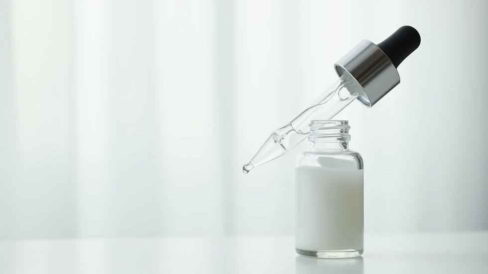 Close-up view of a serum bottle with dropper on a white background