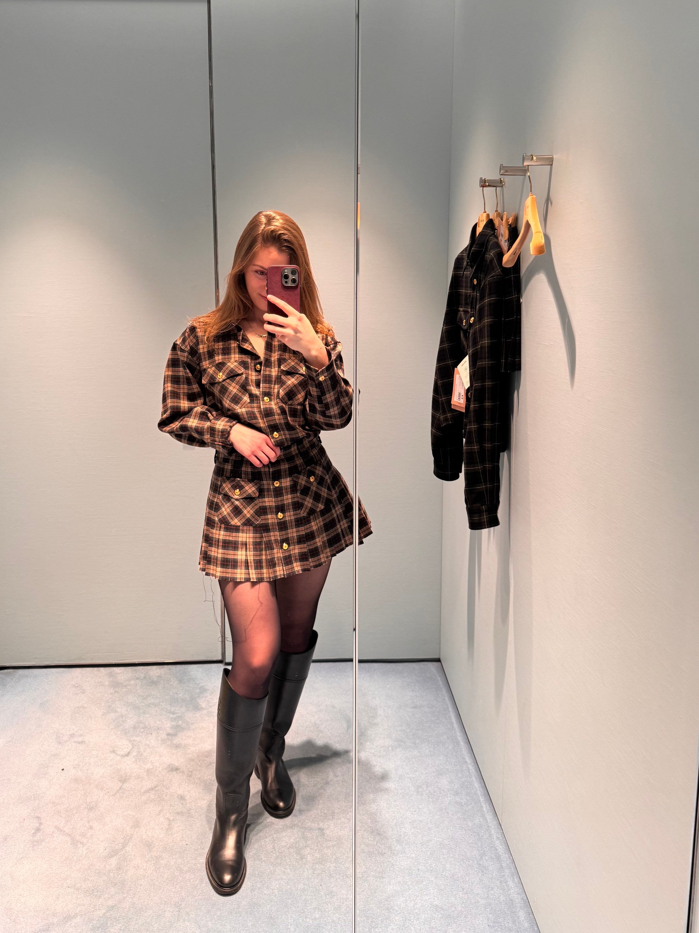 MIU MIU Pleated Tartan Miniskirt | Camel brown | Spring 2025