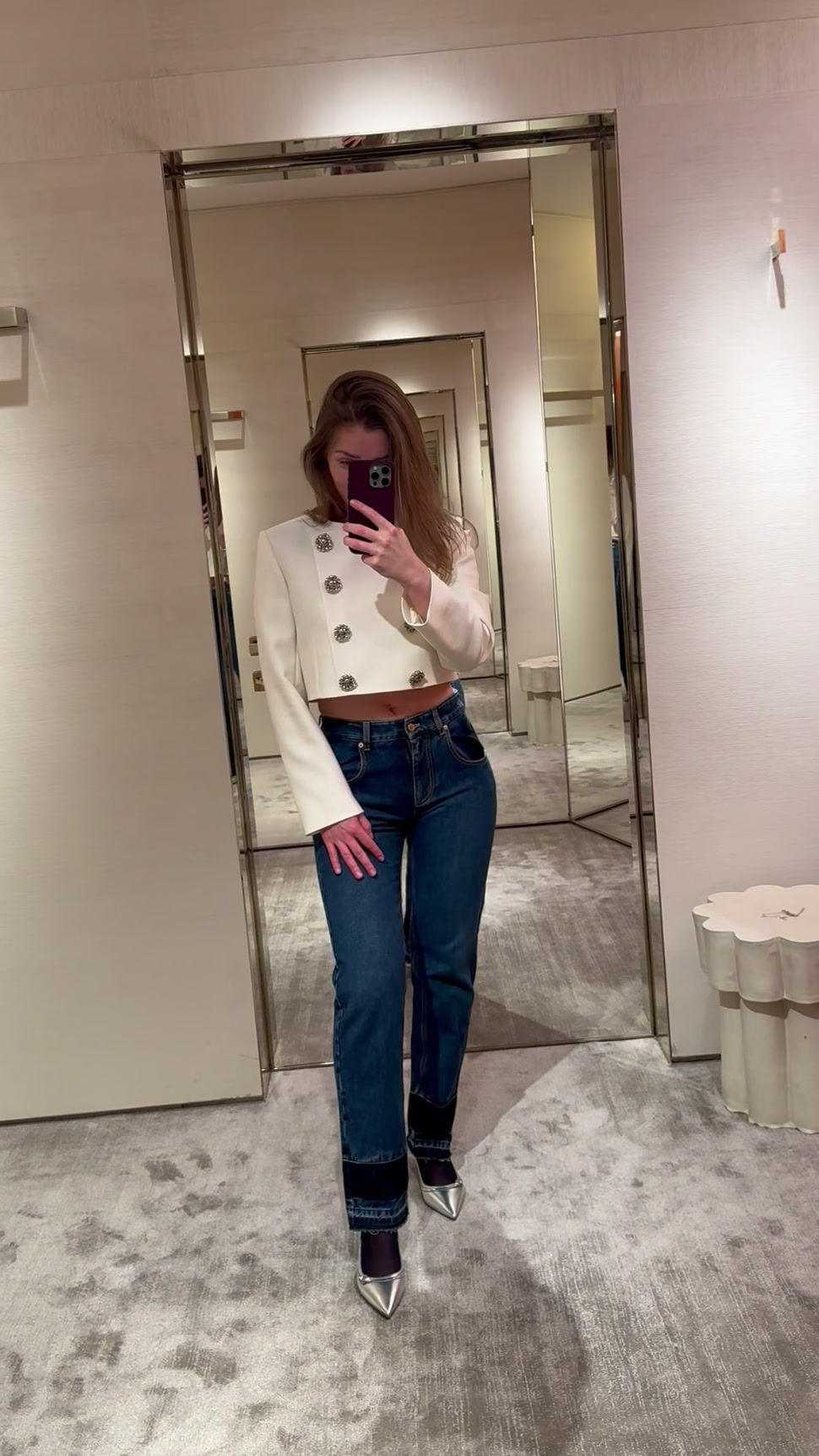 Thumbnail: LOUIS VUITTON Cropped Jewel Button Mikado Jacket, White