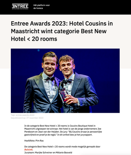ENTREE AWARDS 2023 -COUSINS BOUTIQUE HOTEL MAASTRICHTInterieurontwerp maastricht, conceptdesign, stylingadvies, interieurarchitect maastricht, interieur, hoteldesign, hospitalityinterieurdesign, entreeaward, winningaward