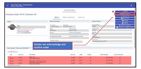Order Hub Portal vendor confirmation screen to acknowledge and confirm Maximo purchase orders.