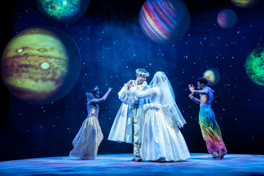 Halle Brown as Spirit, Fred Woodley-Evans as Ferdinand, Ruby Stokes as Mirands and Razak Osman as Spirit. Photo by Johan Persson.