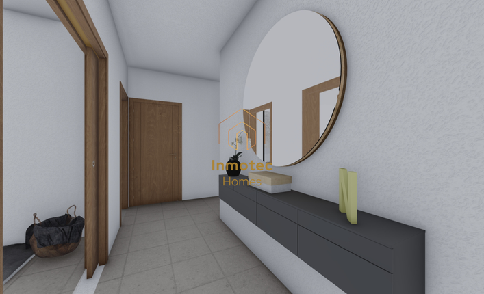 Rendered visualization of a modern interior hallway with clean lines and minimalist design.