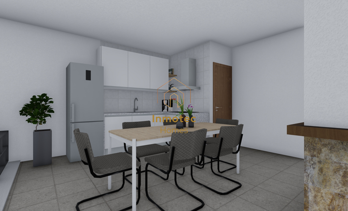 Rendered visualization of an open-plan living and dining area with modern kitchen on the ground floor.