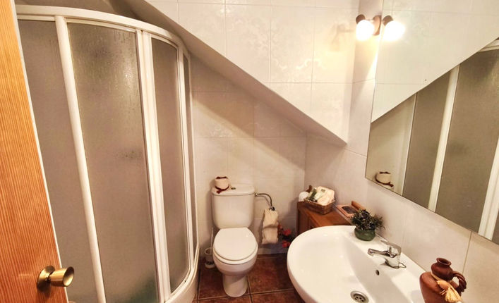 Bathroom with shower, sink and toilet under sloped ceiling in a rustic Andalusian house in Chirivel, Almería.