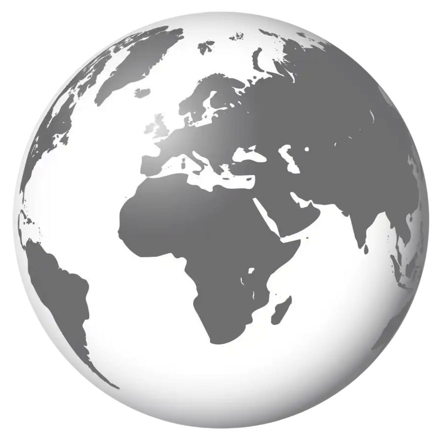 Grayscale globe icon depicting Europe, Africa, and Asia for global reach.