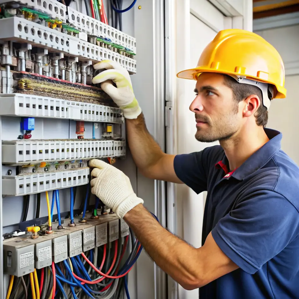 Electrician inspecting electrical panel wearing a hard hat and gloves to ensure safety.