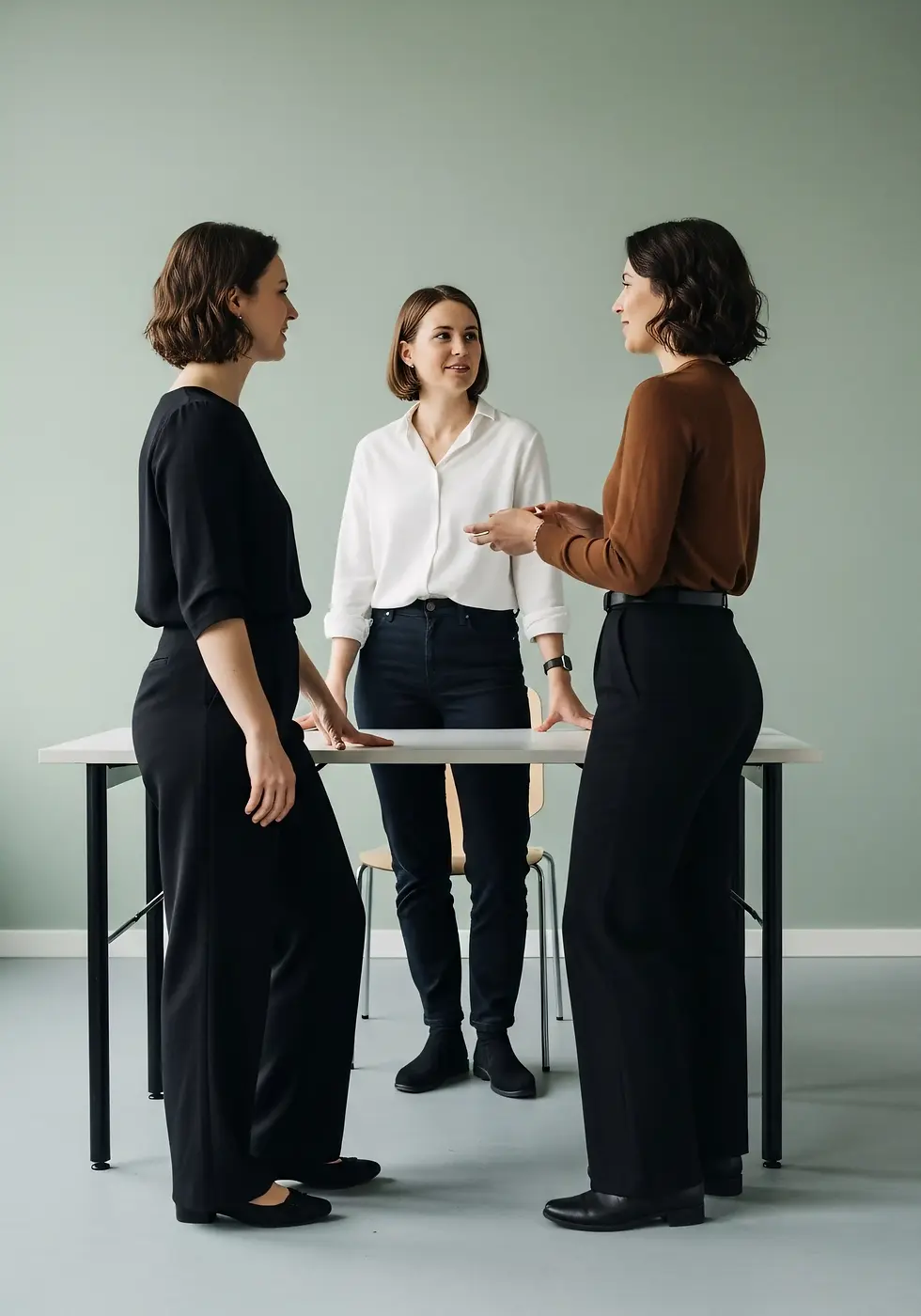 Three professional women collaborating, discussing ideas at a standing table.