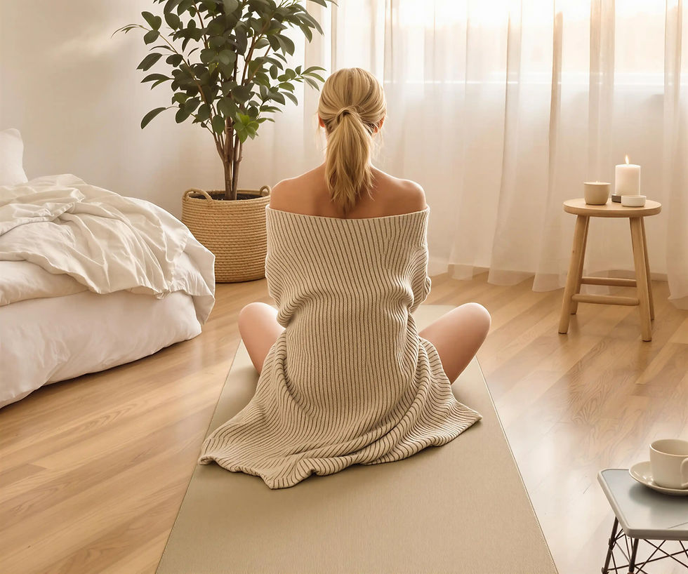 Woman sitting on a mat, wrapped in a blanket