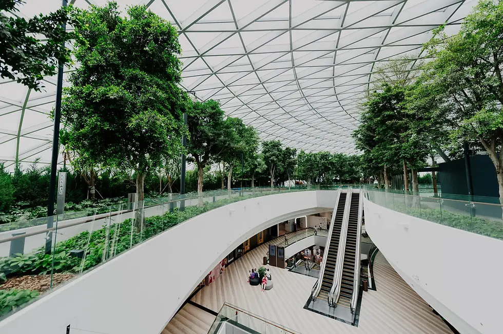 Indoor garden with trees under a glass domed ceiling.