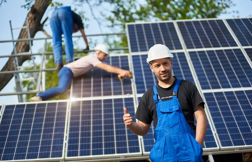 Solar panel installation with workers, one giving a thumbs up. About renewable energy.