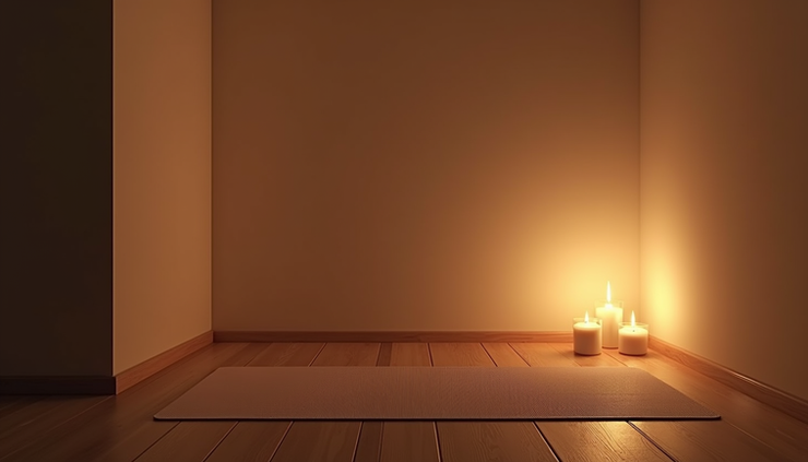 Eye-level view of a yoga mat and soft candlelight in a quiet room