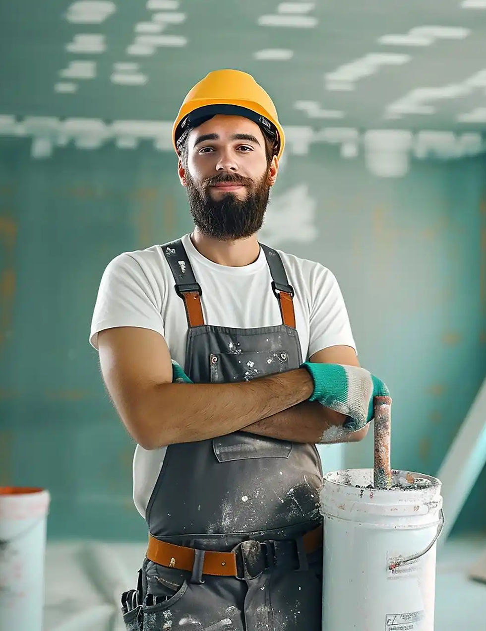 Construction worker standing with arms crossed next to paint buckets at worksite