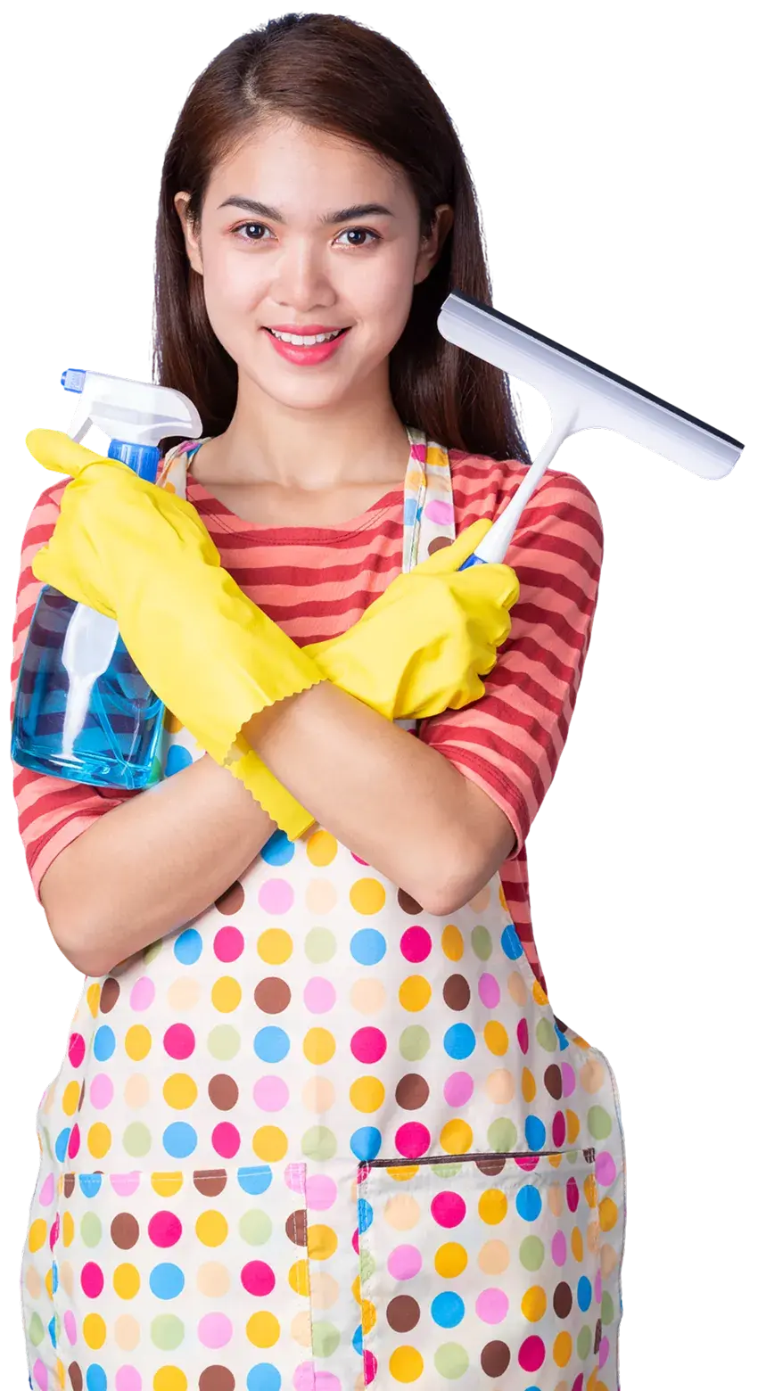 Smiling woman in apron holding cleaning supplies for home and Cleanzly.