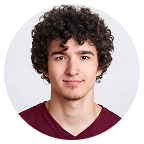 Young man with dark curly hair in a circular frame