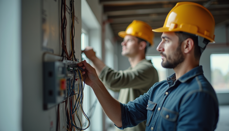 Close-up view of construction workers installing electrical wiring inside a building