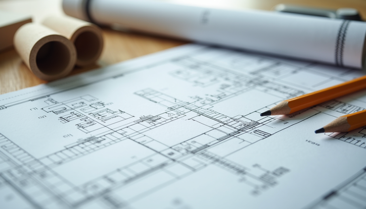 Close-up view of construction blueprint with measuring tools